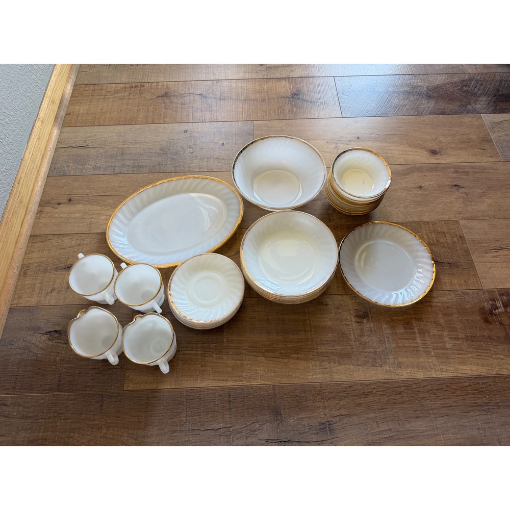 Fire-King Golden Anniversary Milk Glass Set 25pc Gold Trim Swirl Anchor Hocking